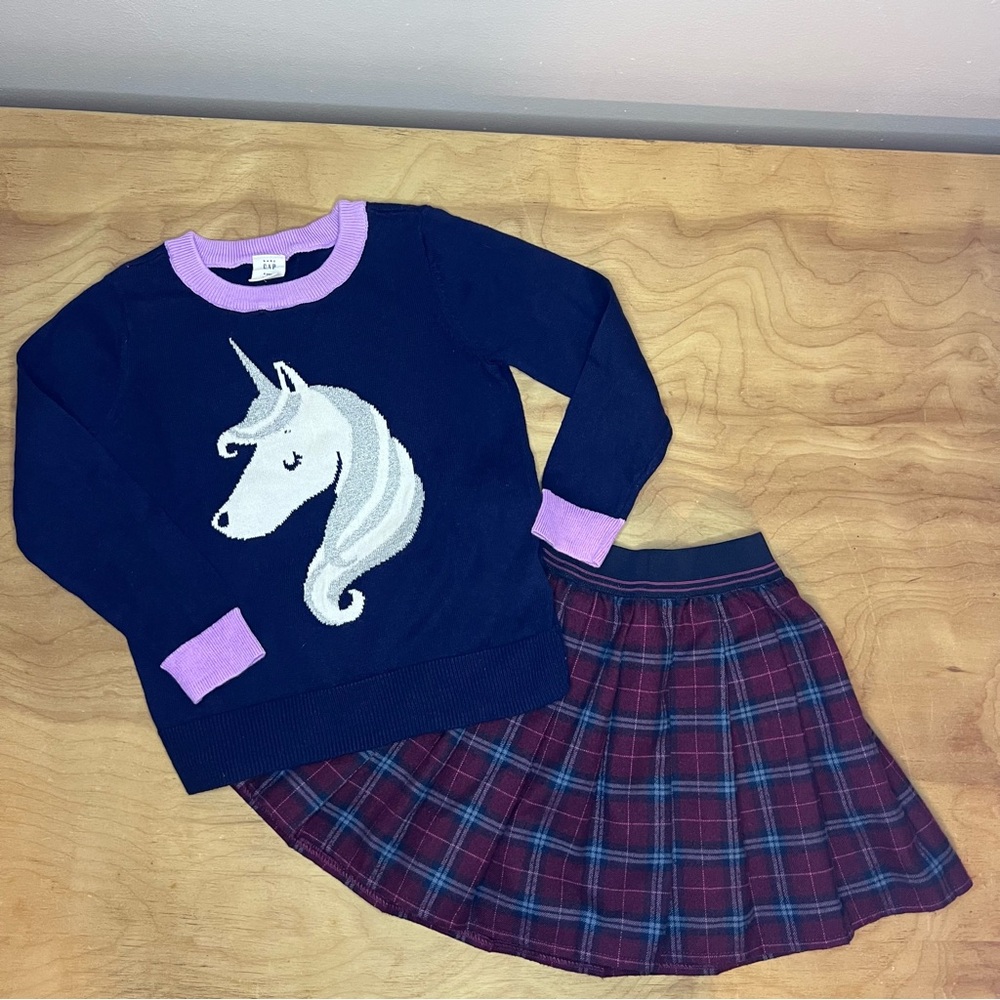 Baby Gap Unicorn Sweater, Abercrombie Plaid Skirt